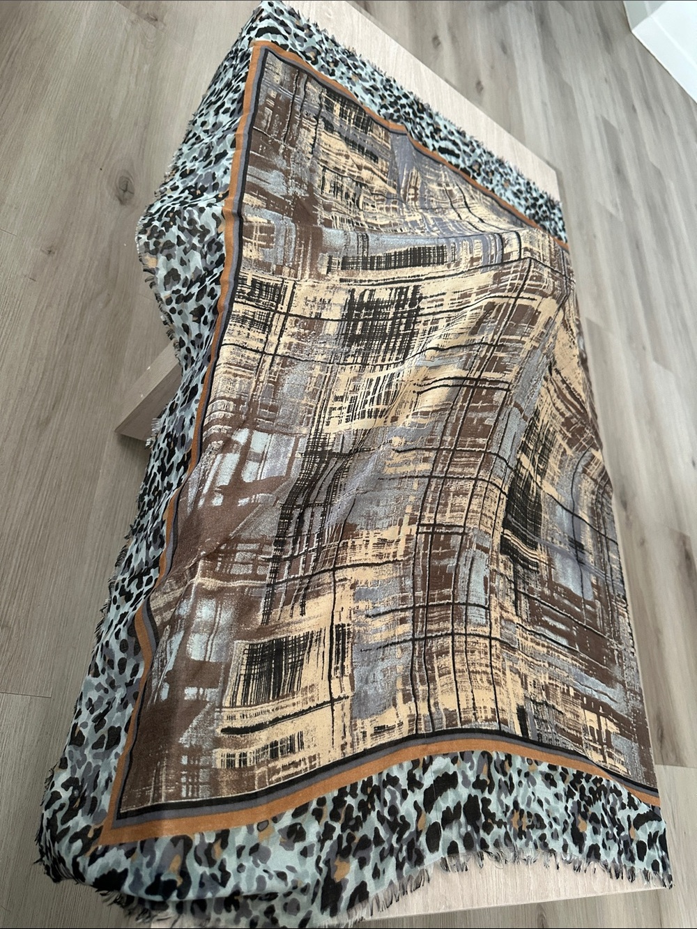 Patterned Lightweight Scarf in Beige, Brown & Light Blue - Picture 3 of 3